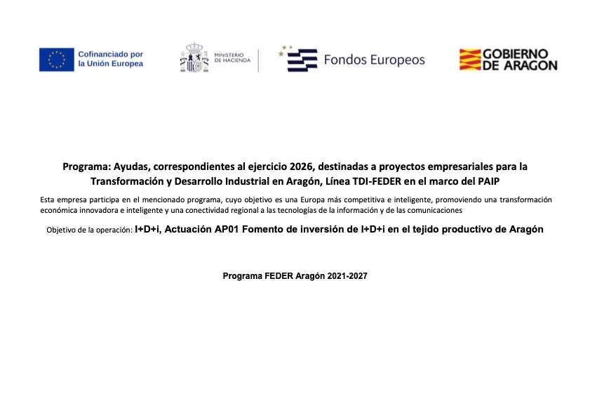 Cartel de publicidad: PAIP TDI-FEDER 2026. Cofinanciado por la Unión Europea, Programa FEDER Aragón 2021-2027.